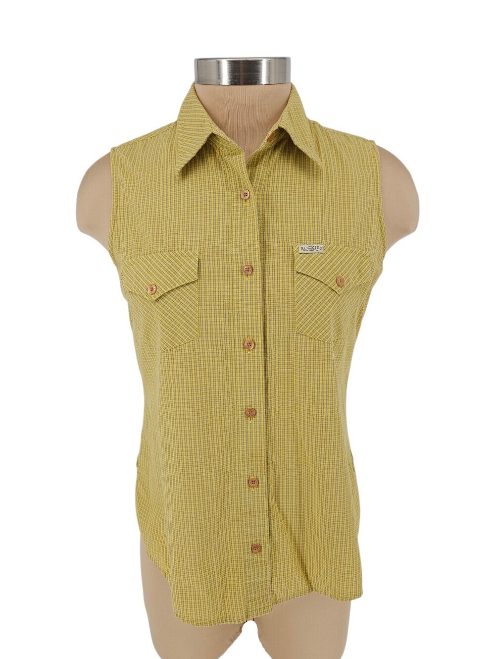 Rockies Western Shirt Yellow Check Plaid Sleeveless Button Collared Top Medium - Picture 1 of 8